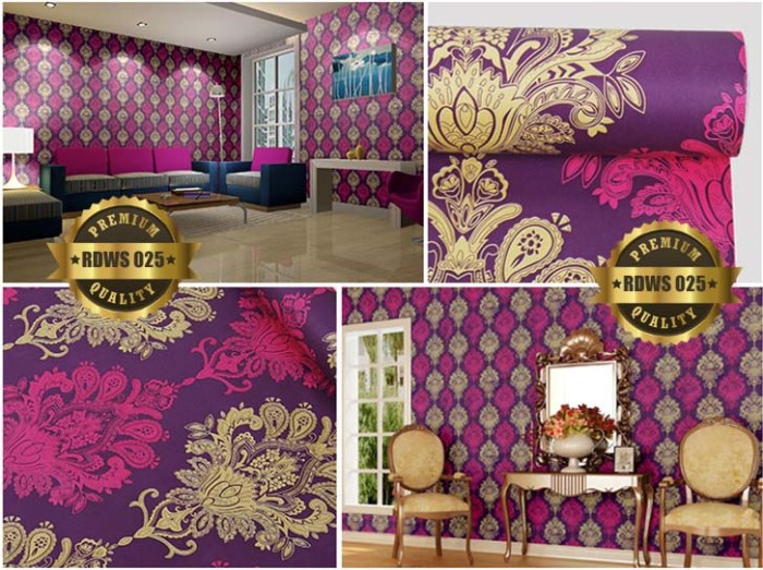 wallpaper sticker dinding motif batik ungu gold