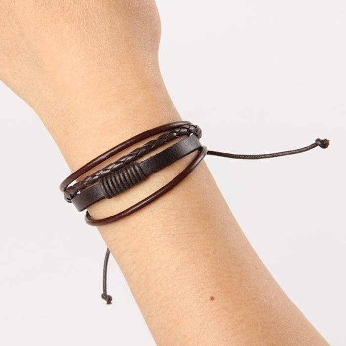 Gelang Kulit Pria Gelang Cowok Multilayer Adjustable Warna Dark Brown