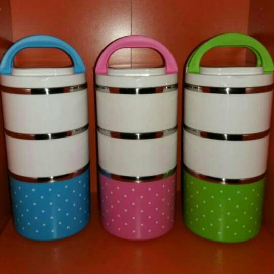 Rantang susun 3 polos polkadot stainless / lunch box