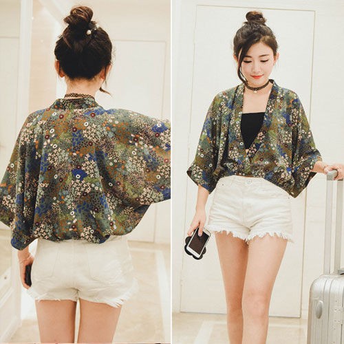 jual atasan wanita model kimono hijau bunga leher v jual atasan wanita model kimono hijau bunga leher v