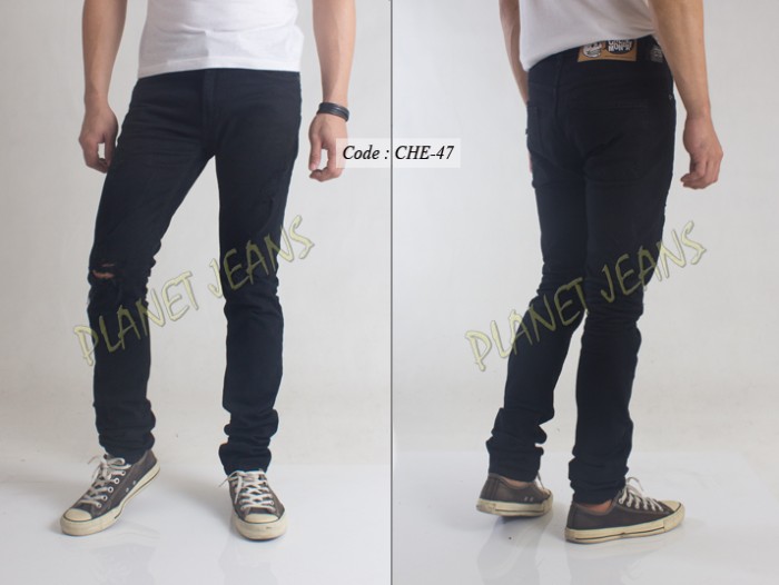 Celana jeans pria ripped sobek / robek lutut model skinny / pensil