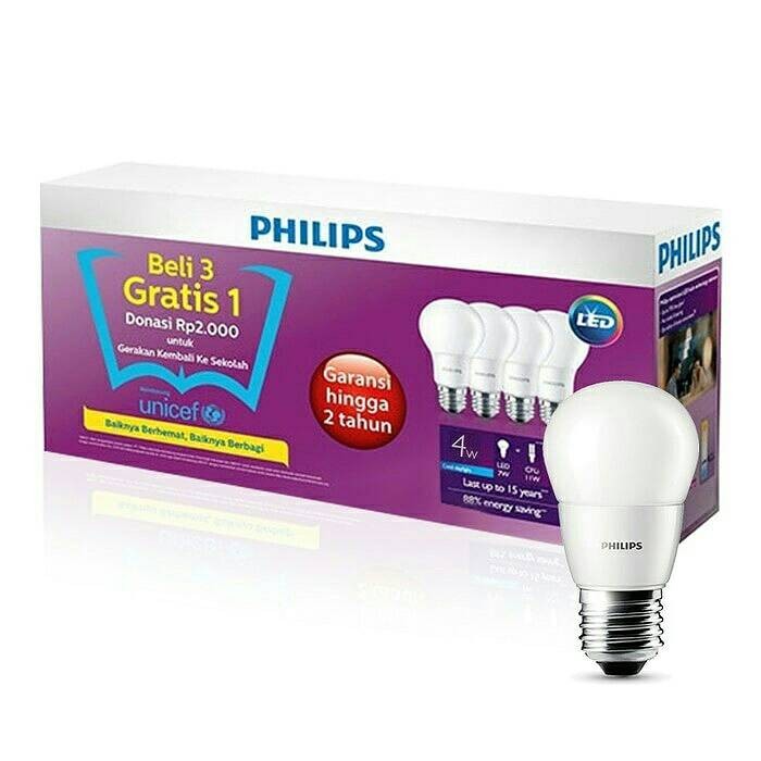 Lampu LED Philips Bulb 4 watt PUTIH / WHITE (Paket 4 pcs)