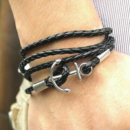 Gelang Pria Multilayer Kulit Leather Anchor Gelang Jangkar Fashion .