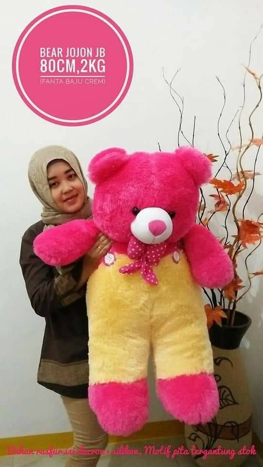 BONEKA BERUANG TEDDY BEAR JOJON JUMBO PINK FANTA BAJU CREAM