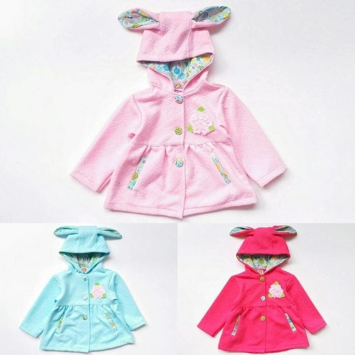 Jaket Hoodie Anak Perempuan Cewek Waffle Bunga Tudung Telinga Kelinci