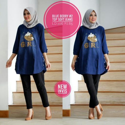 ATASAN WANITA BLOUSE JUMBO JEANS XL BLUEBERRY 2 TUNIK LENGAN PANJANG