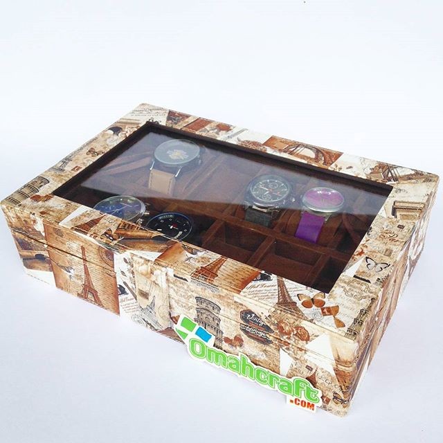 Kotak Jam isi 12 Motif Paris Coklat / Tempat Jam Tangan / Watch Box