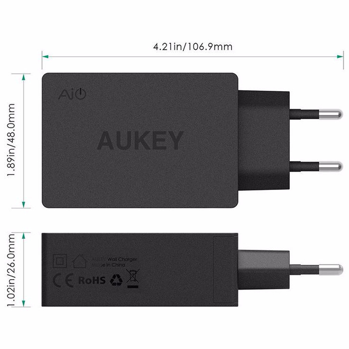 AUKEY 42W QC2.0 Rapid USB Desktop Wall Charger 3 Ports EU Plug with Qu