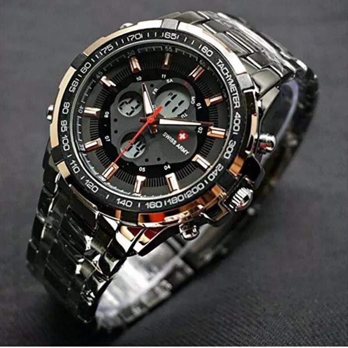 Swiss Army Indigo Dual Time Jam Tangan Pria Strap Rantai