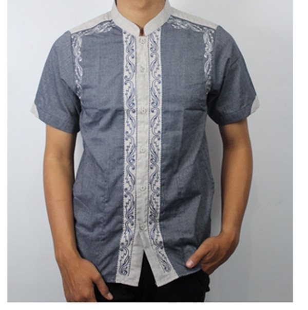 Kemeja Koko Pria Lengan Pendek Full Kancing / Slim Fit AD Biru Motif