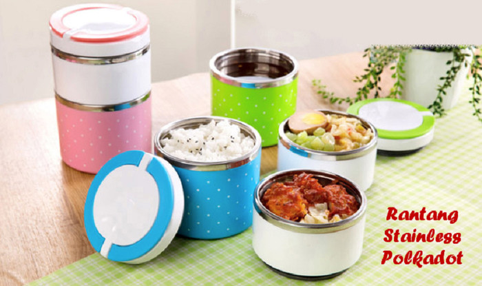 Lunch box / rantang susun 2 putar polkadot stainless steel kedap udara