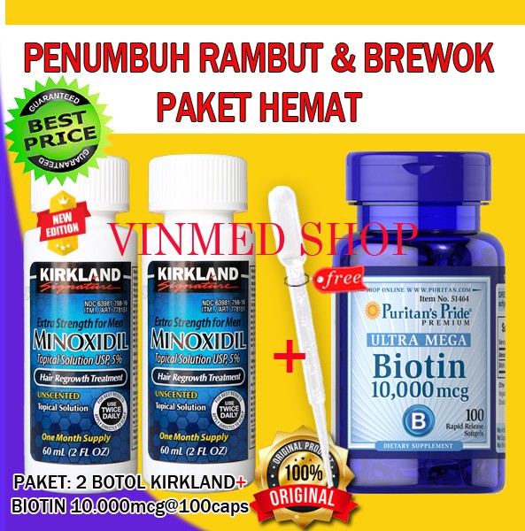 Jual Kirkland Minoxidil 5%(2 Botol)+Bi   otin 10.000mcg(100