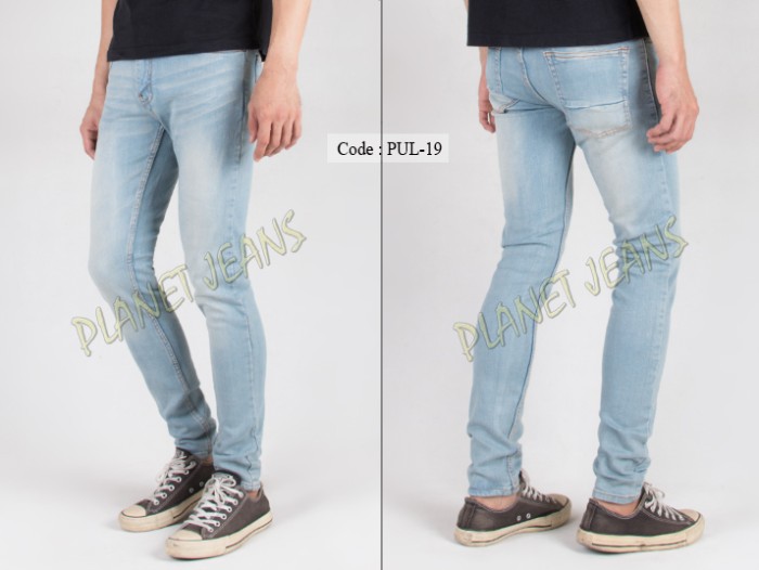 Celana jeans skinny panjang pria blue washed / denim warna biru muda