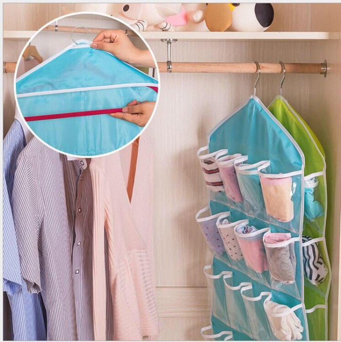 Storage Gantung 16 Kantong Hanger Organizer Sebaguna Pouch Korean - Biru Muda