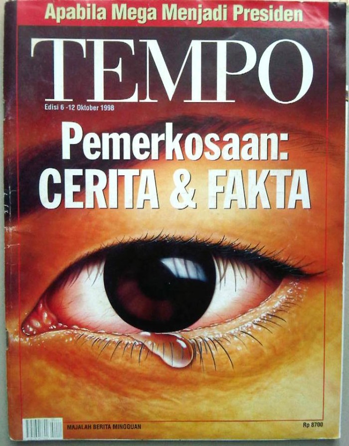 Tempo edisi perdana setelah dibredel empat tahun (sumber foto: https://www.tokopedia.com/lapakmainstream/tempo-edisi-perdana-oktober-1998-pemerkosaan-cerita-fakta)