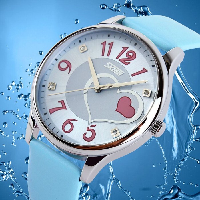 Jam Tangan Wanita Skmei 9085 Motif Love Tali Kulit Biru Baby - G - Galerijamtangan