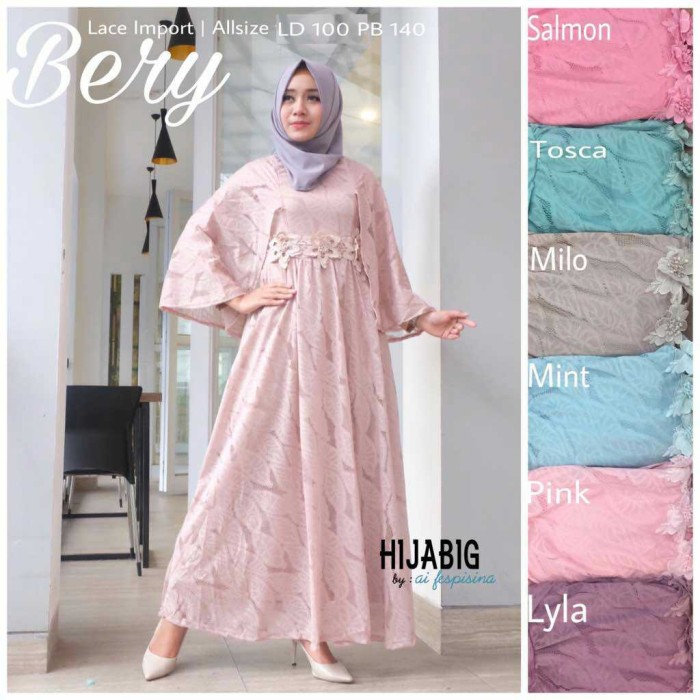 Long Dress Maxi Wanita Gaun Pesta Brokat Lace Import Bery Cape pink
