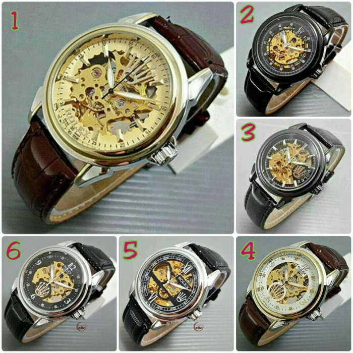 Jam Tangan Pria Cowok Wanita Cewek Rolex Skeleton Leather Automatic