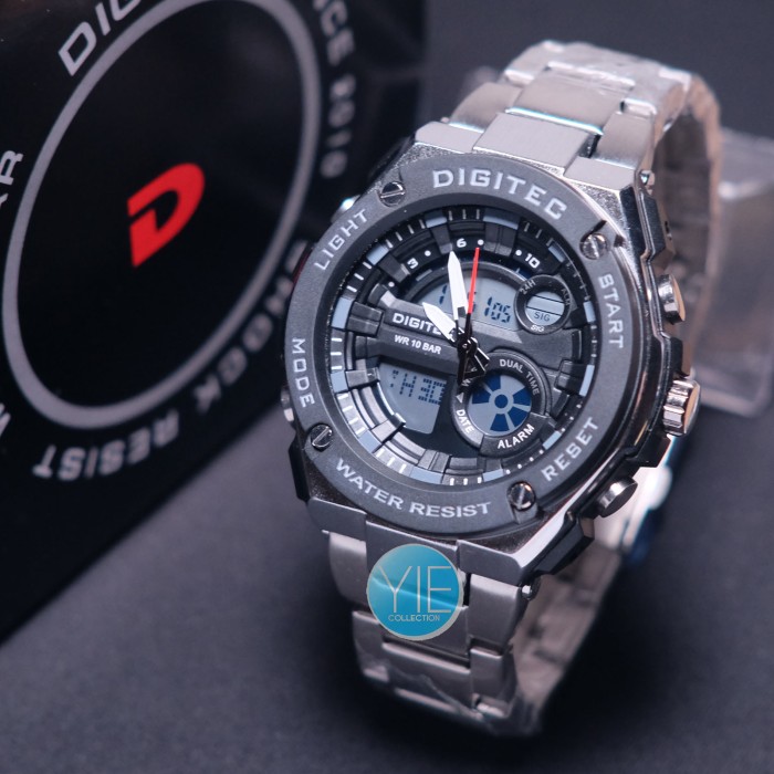 Jam Tangan Dual Time Digitec DG 3039 T Rantai WR Silver Hitam