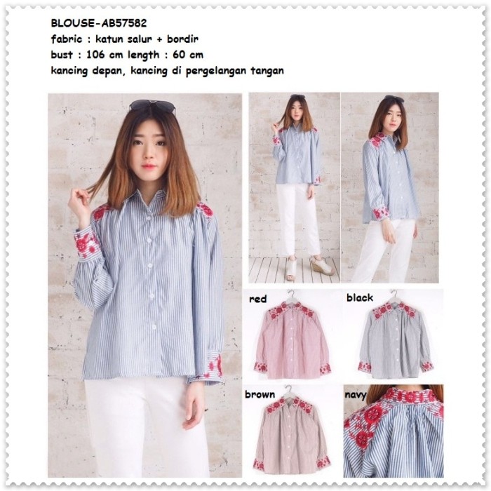 Baju Atasan Kerja Kemeja Bordir Garis Blouse Wanita Korea Import Tunik