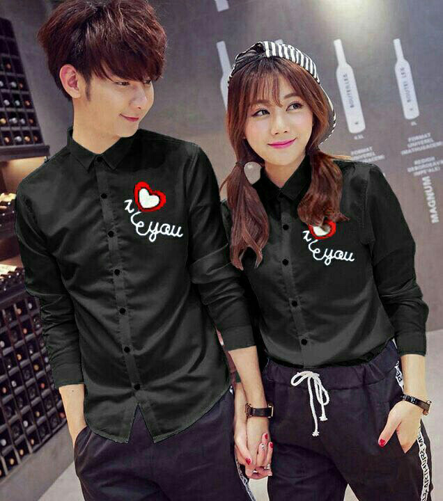 Kemeja Couple Lengan Panjang Baju Pasangan Hem love You Susan Black