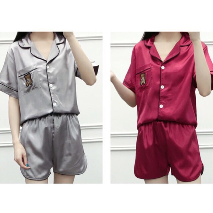 Baju Tidur Wanita- Setelan Piyama Satin Motif Boneka High Quality