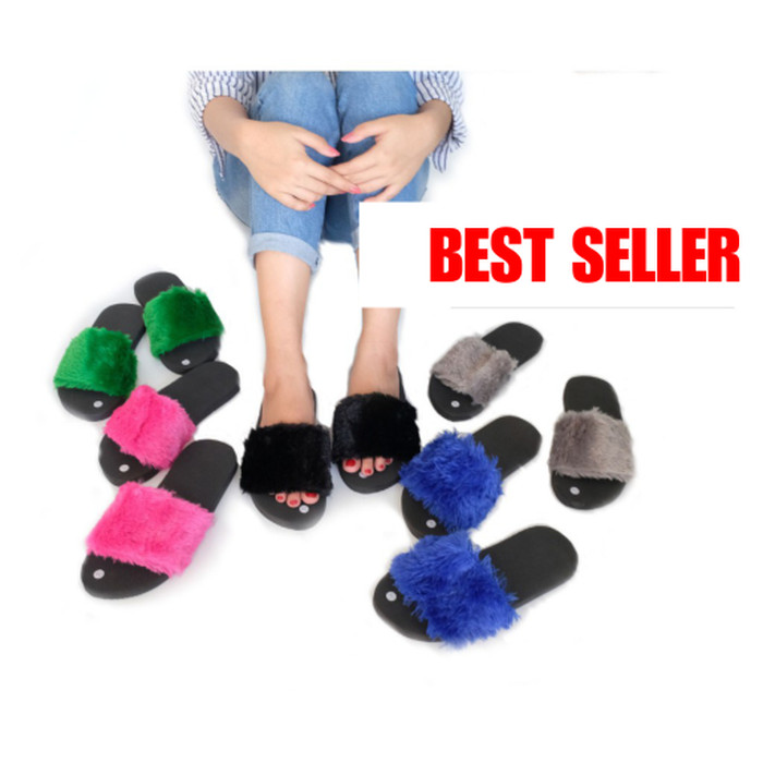 Sandal Spon Bulu Selop Kokop Kenzi Spons Shoes Sepatu Slop Fashion Ras - Fuchsia