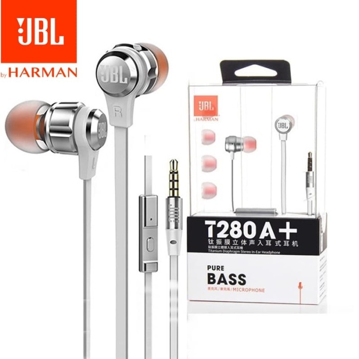 JBL T280 A+ Pure Bass with Microphone stereo in- Ear headphones - Hitam