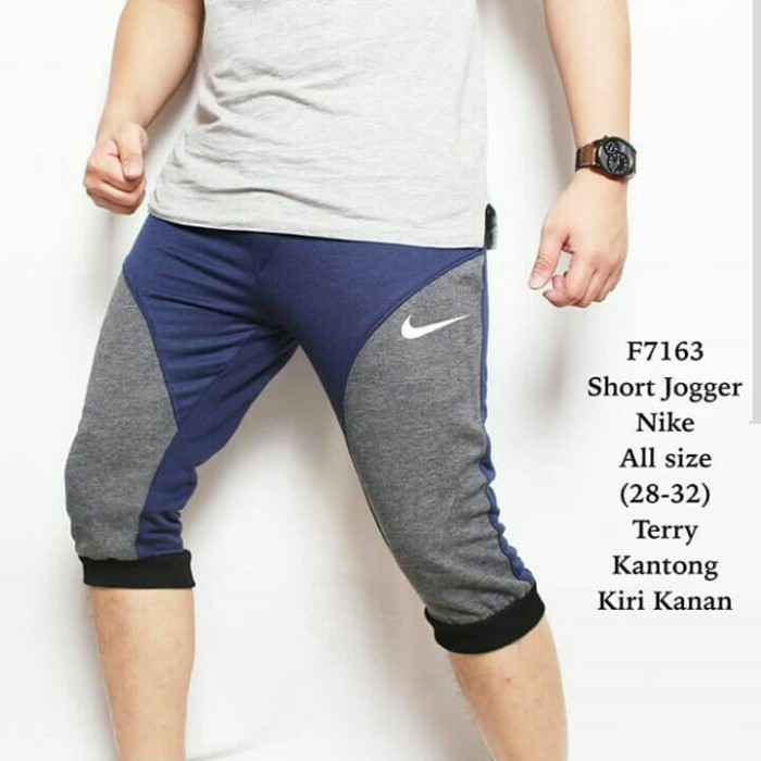 Celana Jogger Pendek Pria Logo Nike Navy Kombinasi Grey (Abu)