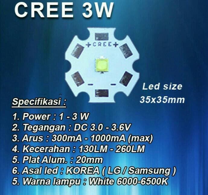 HPL 3 watt High Power Led CREE 3w Suku Cadang Spare Part Lampu Senter