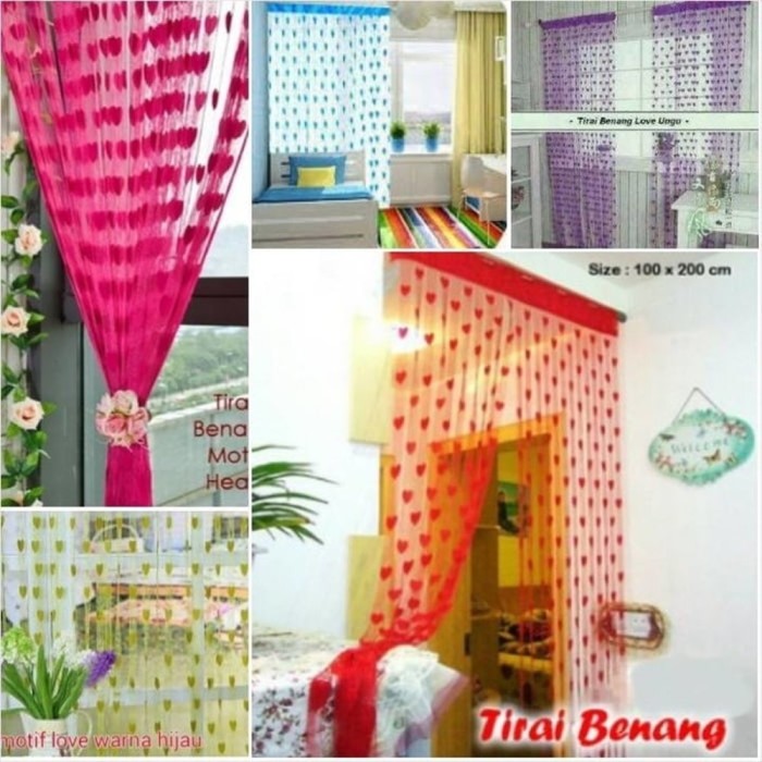 Paket 2 pcs Tirai Pintu Kamar Jendela Benang Halus Tipis Motif Love