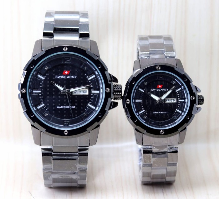 Jam Tangan Couple Swiss Army Tanggal Hari Aktif Sporty Free Baterai - Hitam RoseGold