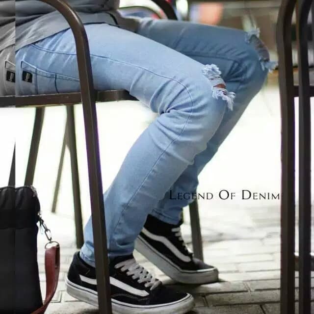 CELANA JEANS PANJANG PRIA SOBEK ORIGINAL SLIMFIT COWOK RIPPED MURAH - Biru Muda