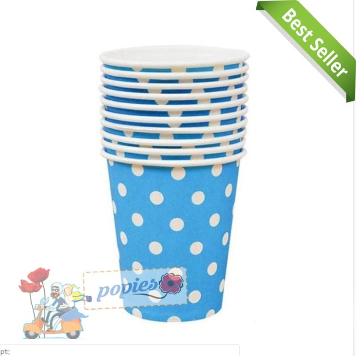 paper cup polkadot biru / gelas ultah / gelas kertas polkadot biru