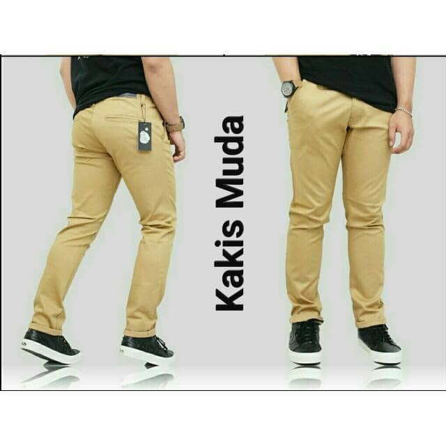 Celana chino panjang pria/cowok warna khaki cream polos form