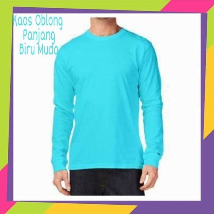 Jual Kaos oblong polos lengan panjang biru muda - kaos oblong biru