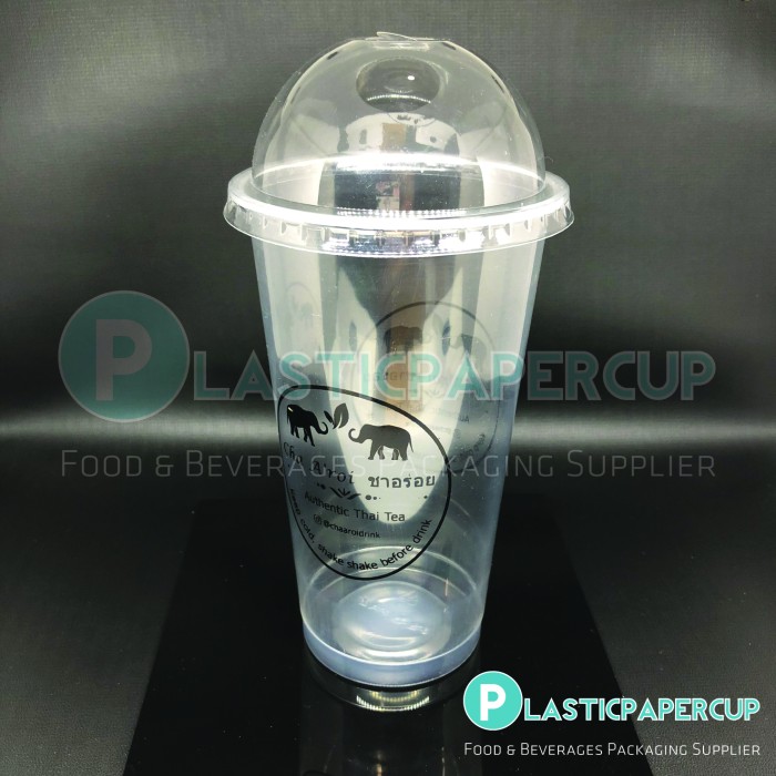Sablon Gelas Plastik PP 14 oz + Tutup Cembung/Dome Lid (1 Warna)