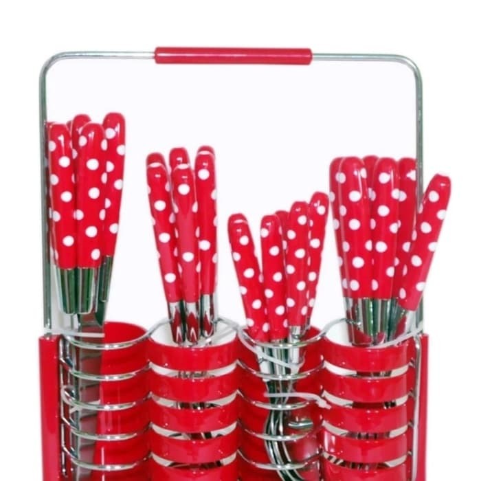 Set Peralatan Makan Sendok Garpu Pisau Motif Polkadot Stainless Steel