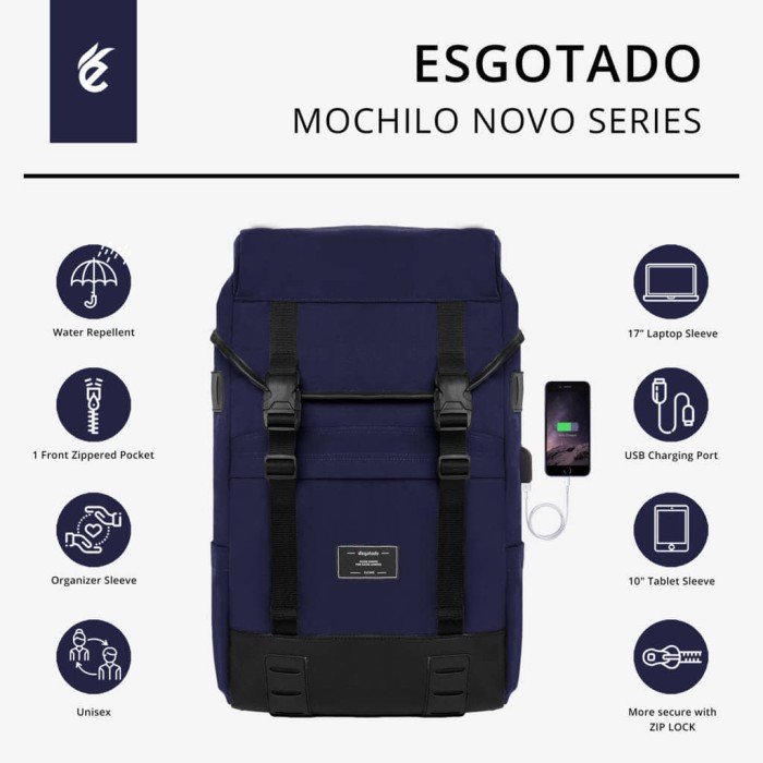 Backpack USB Charger - Tas Ransel Travel Pria & Wanita - Tas Esgotado