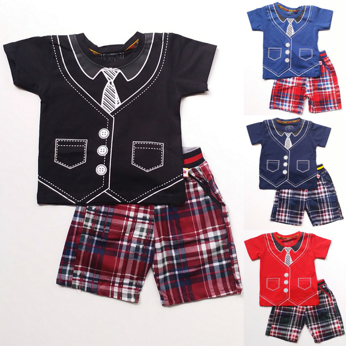 Baju Setelan Anak Bayi Laki Cowok Kaos Jas Dasi Celana Katun Kotak