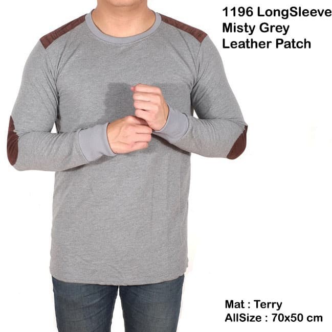 Kaos Tangan Panjang Longsleeve Pria Cowo Abu Tua List Kulit Kombinasi