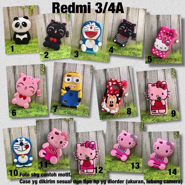 Case boneka rubber 3D xiaomi redmi 3 4a kucing doraemon hellokitty cut