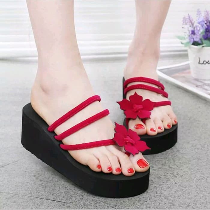 SANDAL WEDGES SPONS TALI BUNGA Warna Hitam Merah Coklat sendal wanita