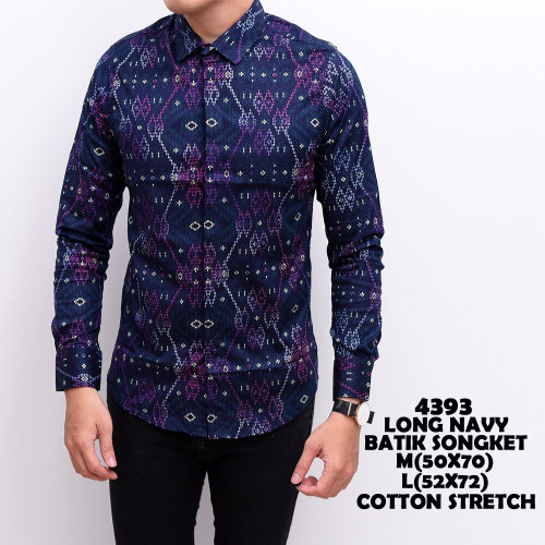 Kemeja Batik Songket Navy Panjang kerja Kantor Slimfit Batik Cowok