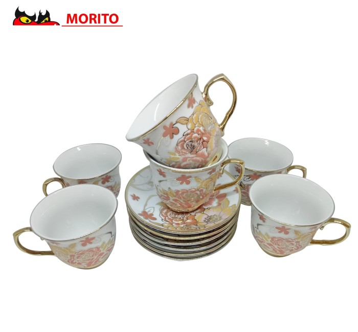 MORITO Keramik Cangkir Set Motif Rose Gold - 12 pc Cup and Saucer Set