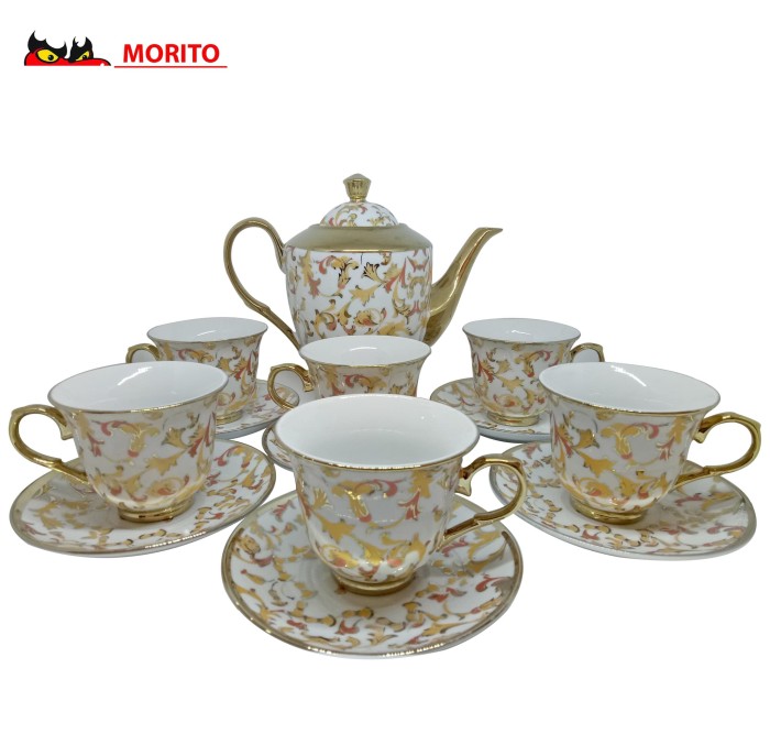 MORITO Keramik Tea Set Motif Bunga - 1 Ceret 6 Cangkir dan Piring