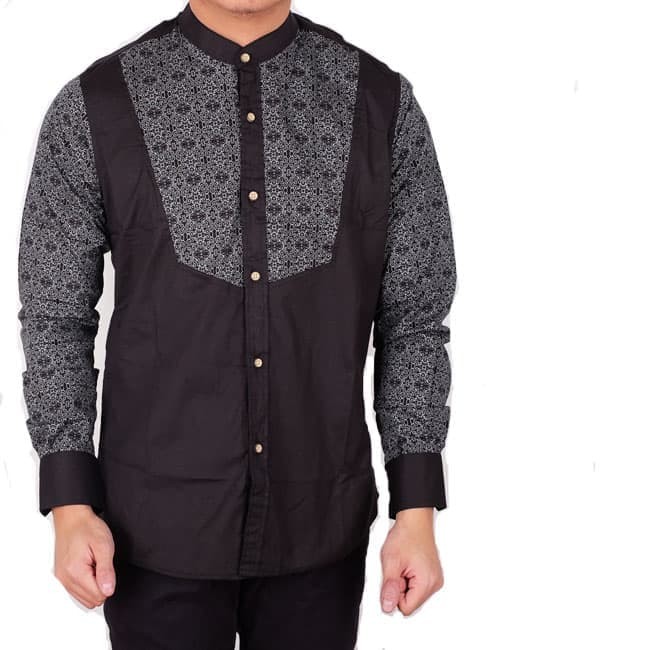 BAJU MUSLIM kemeja koko lengan panjang navy bordir slimfit / baju koko