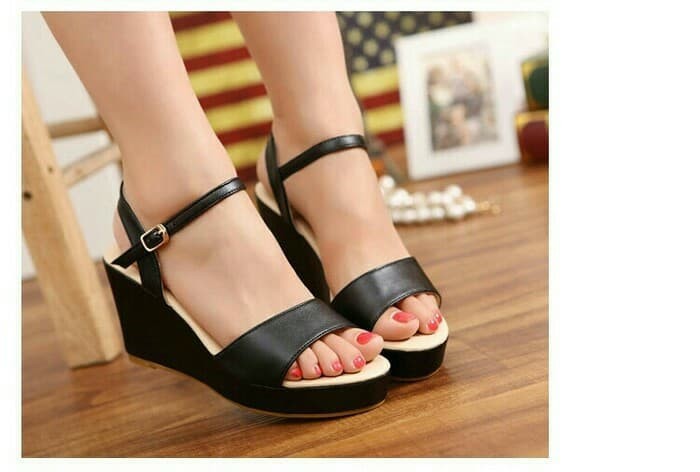 Sandal Wedges Sendal Sepatu Wanita LS03 Hitam Murah