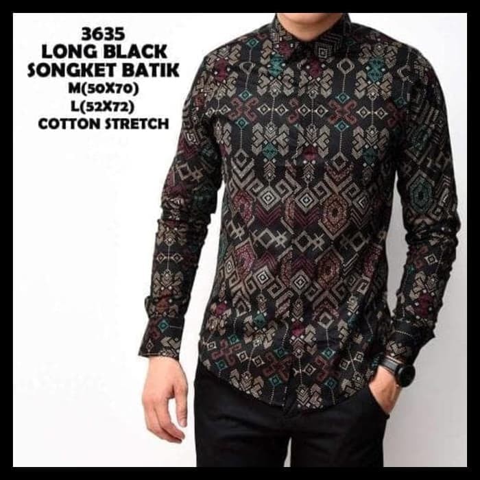 Kemeja Batik Songket Pria Black Panjang Kantor Slimfit Baju Batik .