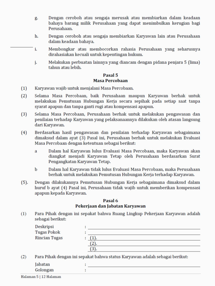 Contoh Perjanjian Kerja Waktu Tidak Tertentu Pkwtt Doc